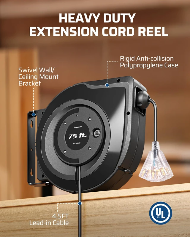 Alt view image 3 of 7 - 75FT Retractable Extension Cord Reel, UL Listed, Black Lighted Triple Outlets, 14/3C SJTOW, 10A Circuit Breaker, Ceiling/Wall Mount, 180° Swivel Bracket for Garage, Workshop