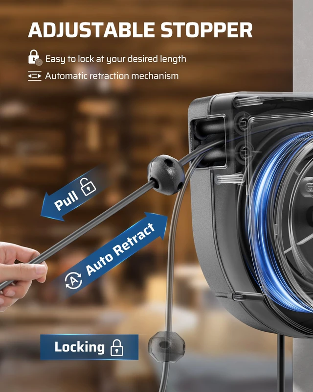 Alt view image 4 of 7 - 75FT Retractable Extension Cord Reel, UL Listed, Black Lighted Triple Outlets, 14/3C SJTOW, 10A Circuit Breaker, Ceiling/Wall Mount, 180° Swivel Bracket for Garage, Workshop