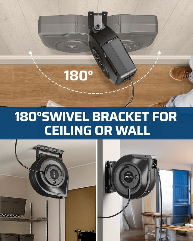 Alt view image 5 of 7 - 75FT Retractable Extension Cord Reel, UL Listed, Black Lighted Triple Outlets, 14/3C SJTOW, 10A Circuit Breaker, Ceiling/Wall Mount, 180° Swivel Bracket for Garage, Workshop