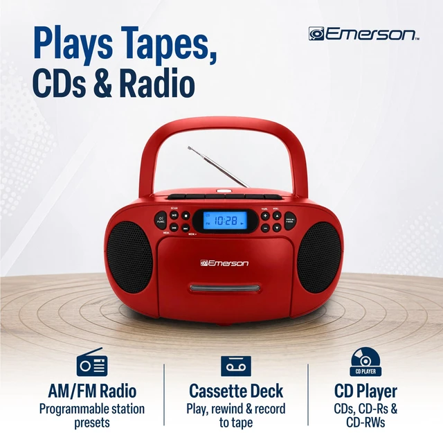 Alt view image 3 of 7 - EPB-3003 Portable CD Cassette Boombox with AM FM Radio - Red With CD-R & CD-RW. Tape Recording. Programmable Station Presets. AUX & Headphone Jack. AC or Battery Power