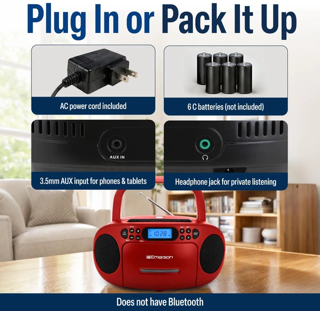 Alt view image 5 of 7 - EPB-3003 Portable CD Cassette Boombox with AM FM Radio - Red With CD-R & CD-RW. Tape Recording. Programmable Station Presets. AUX & Headphone Jack. AC or Battery Power