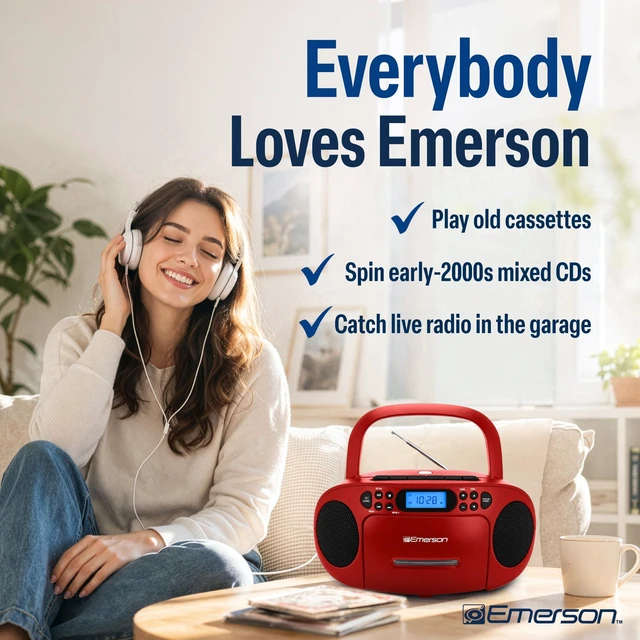 Alt view image 6 of 7 - EPB-3003 Portable CD Cassette Boombox with AM FM Radio - Red With CD-R & CD-RW. Tape Recording. Programmable Station Presets. AUX & Headphone Jack. AC or Battery Power