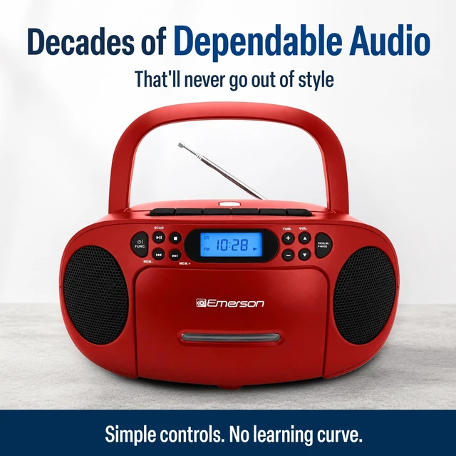 Alt view image 7 of 7 - EPB-3003 Portable CD Cassette Boombox with AM FM Radio - Red With CD-R & CD-RW. Tape Recording. Programmable Station Presets. AUX & Headphone Jack. AC or Battery Power