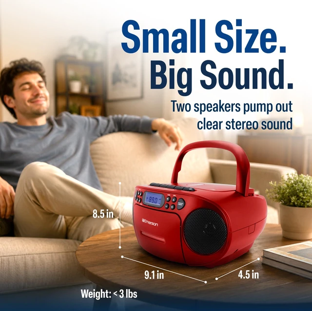 Alt view image 4 of 7 - EPB-3003 Portable CD Cassette Boombox with AM FM Radio - Red With CD-R & CD-RW. Tape Recording. Programmable Station Presets. AUX & Headphone Jack. AC or Battery Power