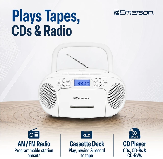 Alt view image 3 of 7 - EPB-3003 Portable CD Cassette Boombox with AM FM Radio - White With CD-R & CD-RW. Tape Recording. Programmable Station Presets. AUX & Headphone Jack. AC or Battery Power