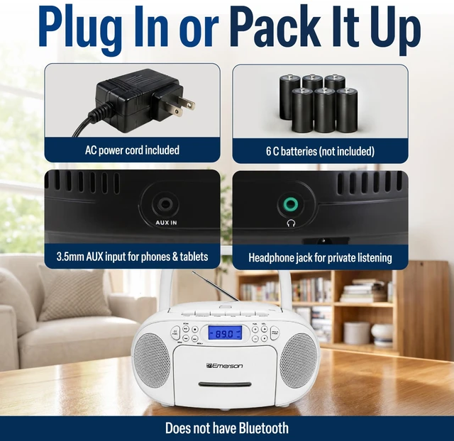 Alt view image 5 of 7 - EPB-3003 Portable CD Cassette Boombox with AM FM Radio - White With CD-R & CD-RW. Tape Recording. Programmable Station Presets. AUX & Headphone Jack. AC or Battery Power