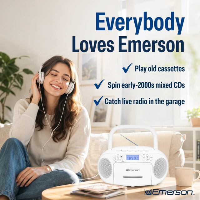 Alt view image 6 of 7 - EPB-3003 Portable CD Cassette Boombox with AM FM Radio - White With CD-R & CD-RW. Tape Recording. Programmable Station Presets. AUX & Headphone Jack. AC or Battery Power
