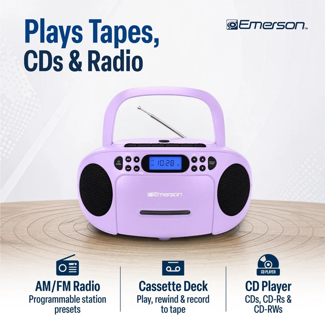 Alt view image 3 of 7 - EPB-3003 Portable CD Cassette Boombox with AM FM Radio - Lilac With CD-R & CD-RW. Tape Recording. Programmable Station Presets. AUX & Headphone Jack. AC or Battery Power