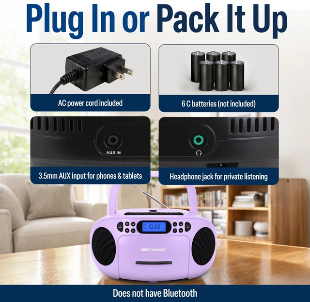 Alt view image 5 of 7 - EPB-3003 Portable CD Cassette Boombox with AM FM Radio - Lilac With CD-R & CD-RW. Tape Recording. Programmable Station Presets. AUX & Headphone Jack. AC or Battery Power