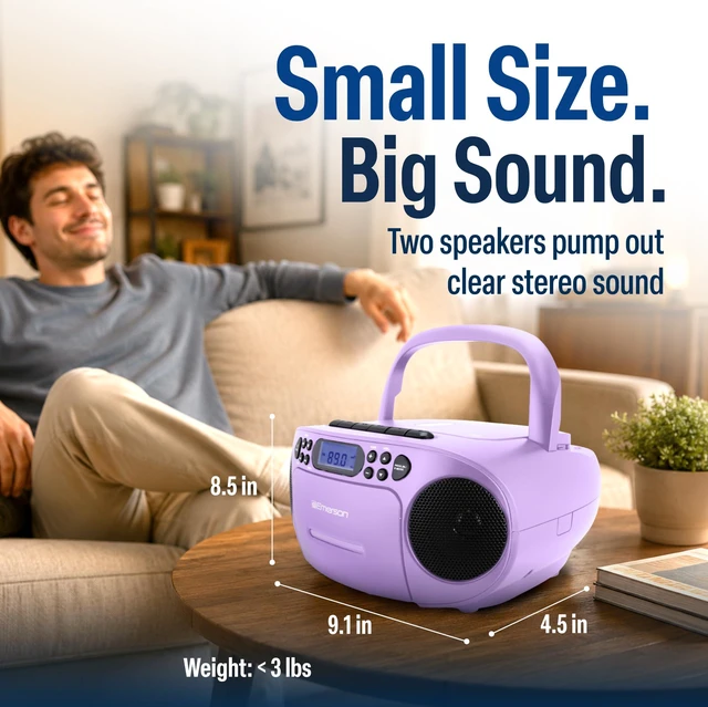 Alt view image 4 of 7 - EPB-3003 Portable CD Cassette Boombox with AM FM Radio - Lilac With CD-R & CD-RW. Tape Recording. Programmable Station Presets. AUX & Headphone Jack. AC or Battery Power