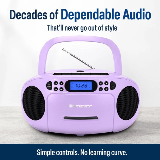 Alt view image 7 of 7 - EPB-3003 Portable CD Cassette Boombox with AM FM Radio - Lilac With CD-R & CD-RW. Tape Recording. Programmable Station Presets. AUX & Headphone Jack. AC or Battery Power