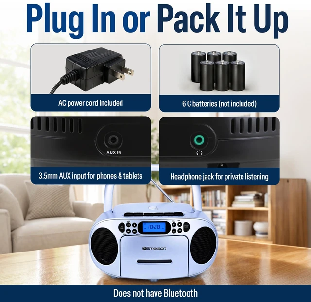 Alt view image 5 of 7 - EPB-3003 Portable CD Cassette Boombox with AM FM Radio - Light Blue With CD-R & CD-RW. Tape Recording. Programmable Station Presets. AUX & Headphone Jack. AC or Battery Power