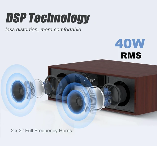 Alt view image 3 of 7 - Bluetooth Stereo System for Home, 40W CD Player with FM Radio Built-in DSP, 3" Woofer, Preset 20 FM Stations,12mm Thick MDF, Aluminum Panel, Home Audio System,Brown