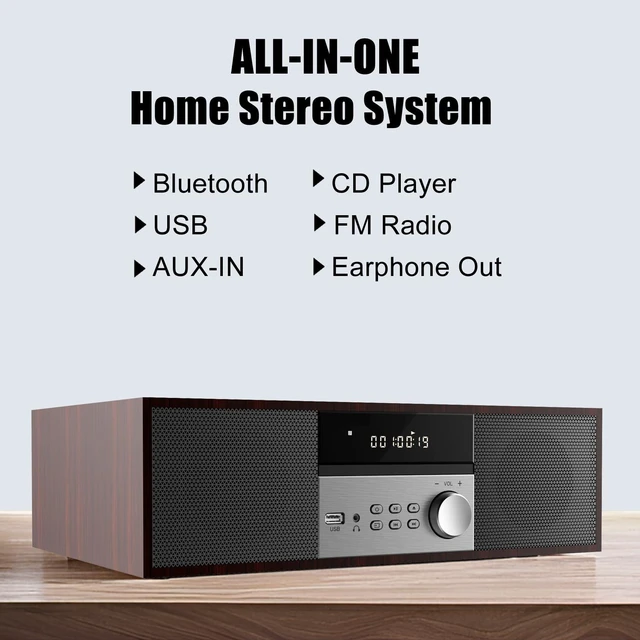 Alt view image 2 of 7 - Bluetooth Stereo System for Home, 40W CD Player with FM Radio Built-in DSP, 3" Woofer, Preset 20 FM Stations,12mm Thick MDF, Aluminum Panel, Home Audio System,Brown