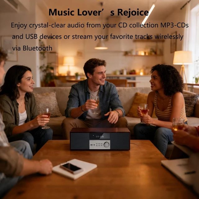 Alt view image 6 of 7 - Bluetooth Stereo System for Home, 40W CD Player with FM Radio Built-in DSP, 3" Woofer, Preset 20 FM Stations,12mm Thick MDF, Aluminum Panel, Home Audio System,Brown