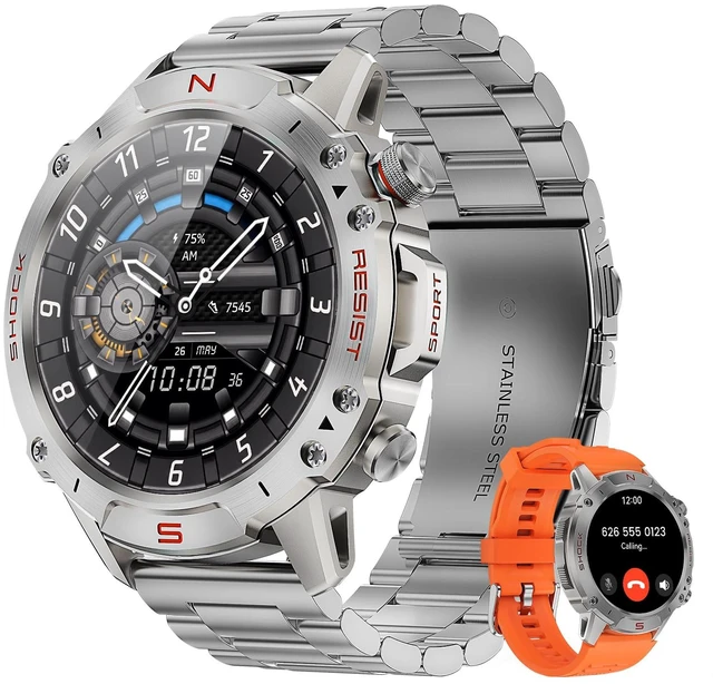 Main image of Rugged Smart Watch for Men, 1.43" AMOLED 5ATM Waterproof, 2 Bands Bluetooth Calling, Fitness Tracker, 15-Day Battery, 178+ Sports Modes, Heart Rate, Sleep & SpO2 Monitor, For Android & iPhone