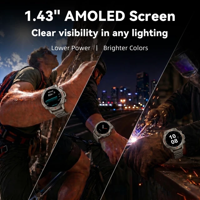 Alt view image 2 of 7 - Rugged Smart Watch for Men, 1.43" AMOLED 5ATM Waterproof, 2 Bands Bluetooth Calling, Fitness Tracker, 15-Day Battery, 178+ Sports Modes, Heart Rate, Sleep & SpO2 Monitor, For Android & iPhone
