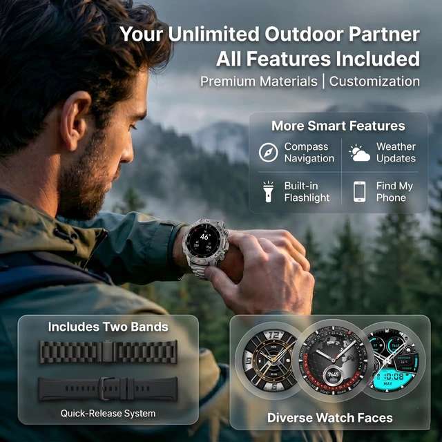 Alt view image 7 of 7 - Rugged Smart Watch for Men, 1.43" AMOLED 5ATM Waterproof, 2 Bands Bluetooth Calling, Fitness Tracker, 15-Day Battery, 178+ Sports Modes, Heart Rate, Sleep & SpO2 Monitor, For Android & iPhone