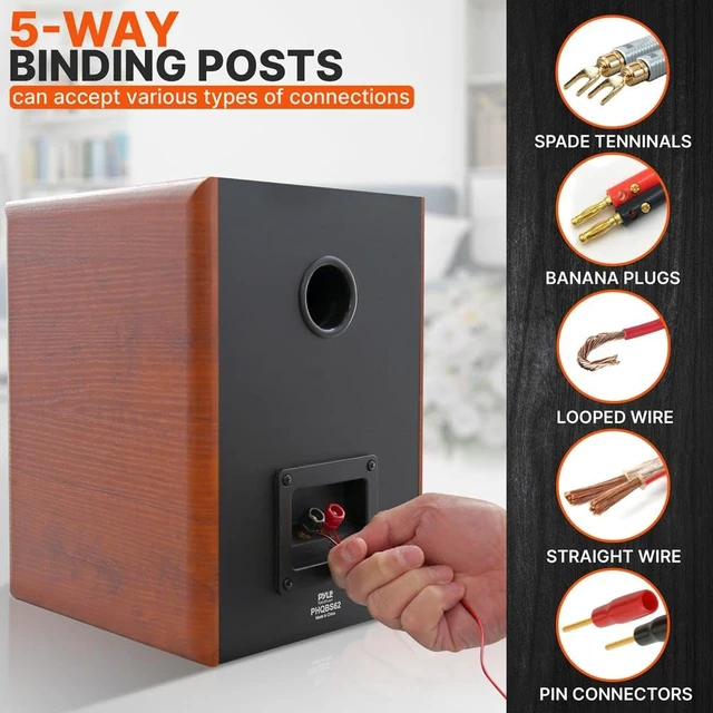 Alt view image 3 of 7 - 6.5" Home Audio Speakers, 2-Way Passive Bookshelf, 240W Max Power, 1" Silk Dome Tweeter, Composite Woofer, Gold Plated 5 Way Binding Post, Rubber Surrounds, Beautiful Wood Grain Finish - Pair
