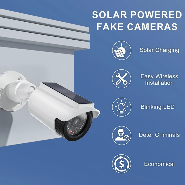 Alt view image 3 of 7 - Solar Powered Fake Camera with Red Light, 2 Pack, White (SOLTC-W4) Dummy Cameras for Outside, Wireless Simulated Cam, Realistic Look, Solar Panel, Weatherproof