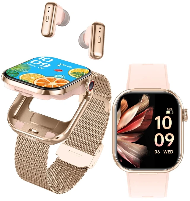 Main image of Smart Watch with Earbuds, 2.02" HD Screen, 2 in 1 Fitness Tracker with Wireless Earphone, Waterproof, Compatible for Android iOS, Comes with 2 Watch Straps, Rose Gold