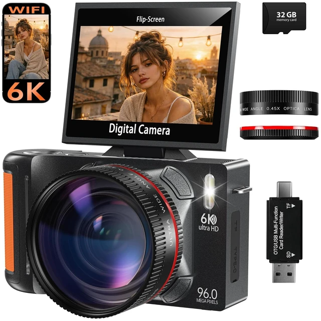Main image of 6K 96MP Flip Screen Digital Camera for Photography, WiFi, Dual Lens 18X Zoom Point and Shoot Camera with 32GB Card & Card Reader for YouTube, Travel, Vlogging & Beginners (Black)