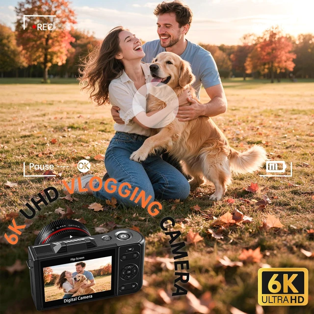 Alt view image 2 of 7 - 6K 96MP Flip Screen Digital Camera for Photography, WiFi, Dual Lens 18X Zoom Point and Shoot Camera with 32GB Card & Card Reader for YouTube, Travel, Vlogging & Beginners (Black)