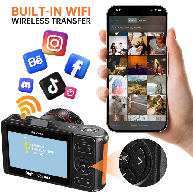 Alt view image 6 of 7 - 6K 96MP Flip Screen Digital Camera for Photography, WiFi, Dual Lens 18X Zoom Point and Shoot Camera with 32GB Card & Card Reader for YouTube, Travel, Vlogging & Beginners (Black)