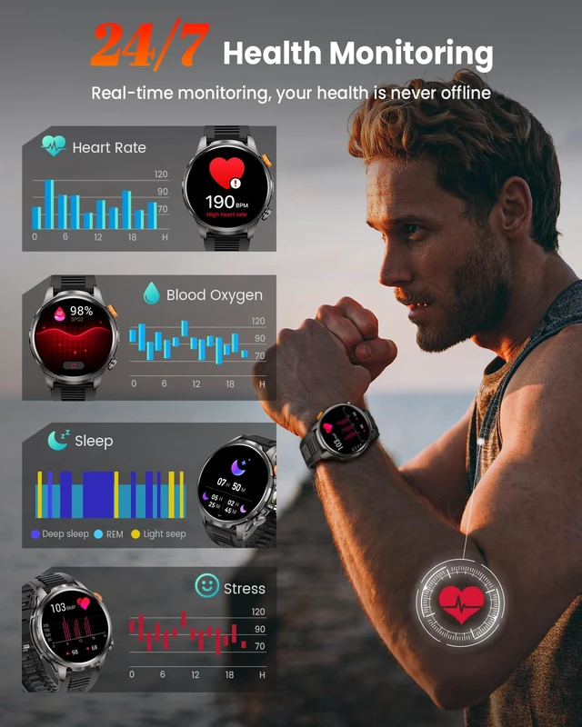 Alt view image 5 of 7 - Military Smartwatch for Men 1000mAh Fitness Tracker Rugged Men Watch 2Bands 1.91" Men's Smart Watch Answer/Make Calls, 5 ATM /110+ Sport Modes/Heart Rate/SpO2/Sleep Monitor Watch for Android Iphone
