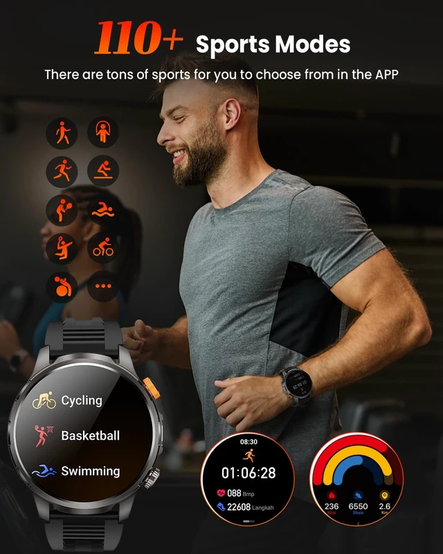 Alt view image 6 of 7 - Military Smartwatch for Men 1000mAh Fitness Tracker Rugged Men Watch 2Bands 1.91" Men's Smart Watch Answer/Make Calls, 5 ATM /110+ Sport Modes/Heart Rate/SpO2/Sleep Monitor Watch for Android Iphone