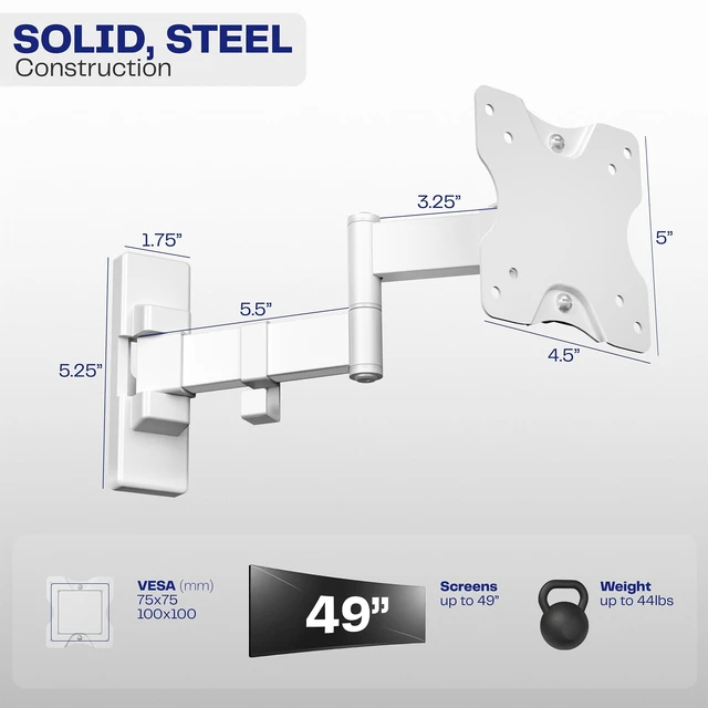 Alt view image 3 of 7 - White Single Ultrawide Wall Mount, Up to 49 in Screens, MOUNT-VW01MW Tilt and Swivel Arm, Low Profile, Monitor Wall Mount with 10.5 in Extension, Max VESA 100x100mm, Holds 44 lbs