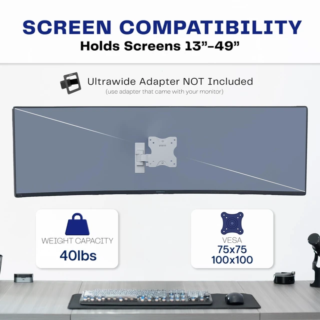 Alt view image 4 of 7 - White Single Ultrawide Wall Mount, Up to 49 in Screens, MOUNT-VW01MW Tilt and Swivel Arm, Low Profile, Monitor Wall Mount with 10.5 in Extension, Max VESA 100x100mm, Holds 44 lbs