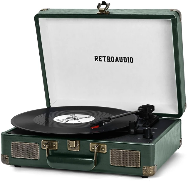 Main image of Vinyl Record Player 3 Speed Bluetooth Portable Suitcase Belt-Driven Record Player with 2 Built-in Stereo Speakers Vinyl Vintage Turntable Records Player with RCA Line Out, AUX Out (Dark Green)