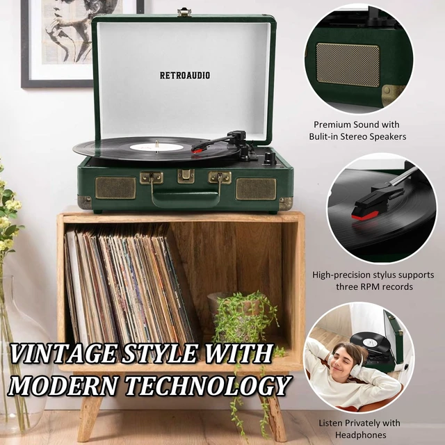 Alt view image 3 of 7 - Vinyl Record Player 3 Speed Bluetooth Portable Suitcase Belt-Driven Record Player with 2 Built-in Stereo Speakers Vinyl Vintage Turntable Records Player with RCA Line Out, AUX Out (Dark Green)