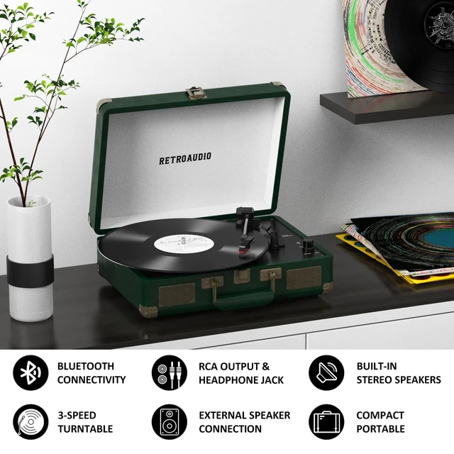 Alt view image 4 of 7 - Vinyl Record Player 3 Speed Bluetooth Portable Suitcase Belt-Driven Record Player with 2 Built-in Stereo Speakers Vinyl Vintage Turntable Records Player with RCA Line Out, AUX Out (Dark Green)