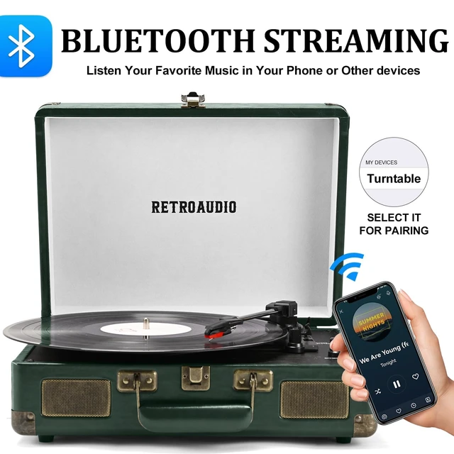 Alt view image 5 of 7 - Vinyl Record Player 3 Speed Bluetooth Portable Suitcase Belt-Driven Record Player with 2 Built-in Stereo Speakers Vinyl Vintage Turntable Records Player with RCA Line Out, AUX Out (Dark Green)