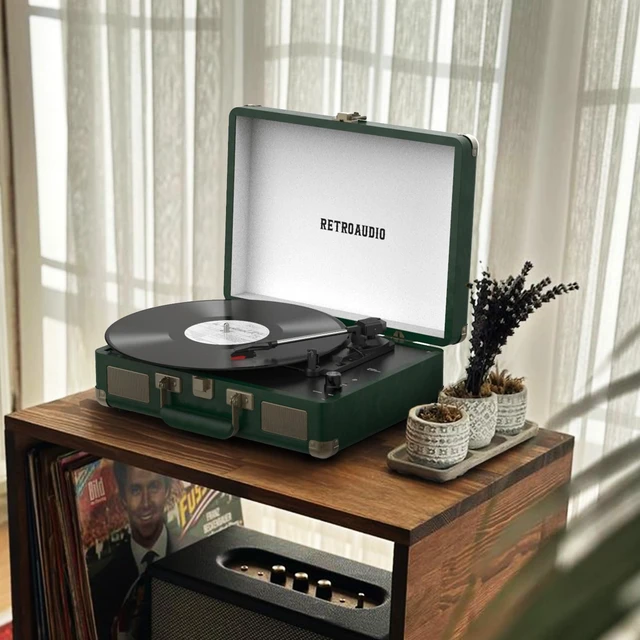 Alt view image 6 of 7 - Vinyl Record Player 3 Speed Bluetooth Portable Suitcase Belt-Driven Record Player with 2 Built-in Stereo Speakers Vinyl Vintage Turntable Records Player with RCA Line Out, AUX Out (Dark Green)