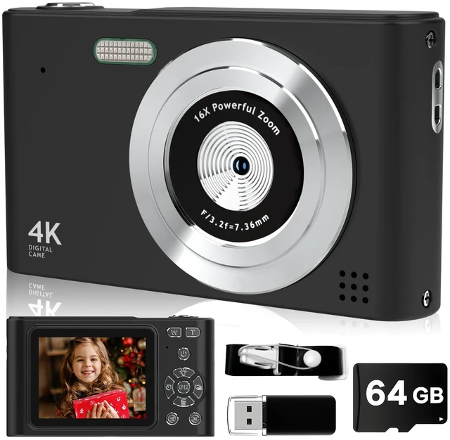 Main image of Digital Camera, 44MP Full HD 1080P Point and Shoot Camera with 64GB Card, Anti Shake 16X Zoom Compact Volg Cameras, Portable Small Camara Gift for Kids, Ages Teen Girl Boy - Black