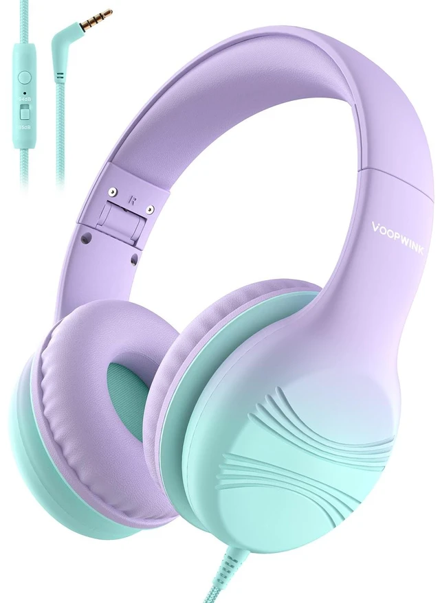 Main image of Kids Headphones, Wired Headphones for Kids with Microphone 85/94dB Volume Limit, Stereo Sound Portable Over Ear Headphones for School/Travel/Tablet/iPad, Green Violet