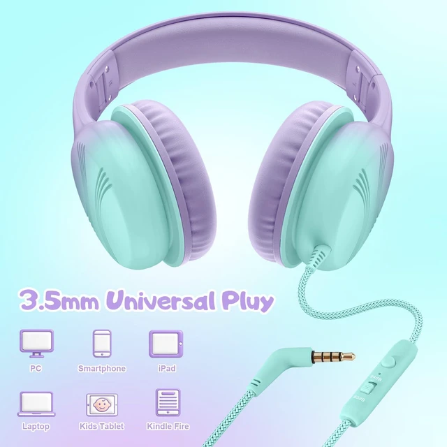Alt view image 7 of 7 - Kids Headphones, Wired Headphones for Kids with Microphone 85/94dB Volume Limit, Stereo Sound Portable Over Ear Headphones for School/Travel/Tablet/iPad, Green Violet