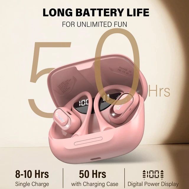 Alt view image 4 of 7 - Open Ear Headphones, Bluetooth 5.4 Wireless Earbuds, Pink HiFi Stereo Open Ear Buds with HD Mic, 50H Display LED Power Display, IPX7 Lightweight Comfort Earphones for Sports Working