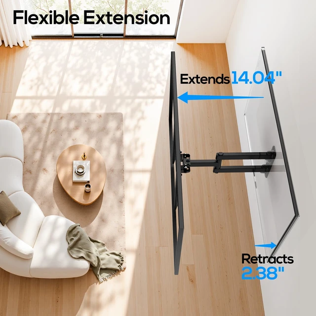 Alt view image 2 of 7 - Corner TV Wall Mount Full Motion for 40 43 50 55 60 65 inch TVs Fit 30-65" Universal TV, Hold 80lbs, Swivel 180°, Tilt +5/-12°, Level +/-3°, VESA 400x400mm, 14" Arm Extension, Single Stud