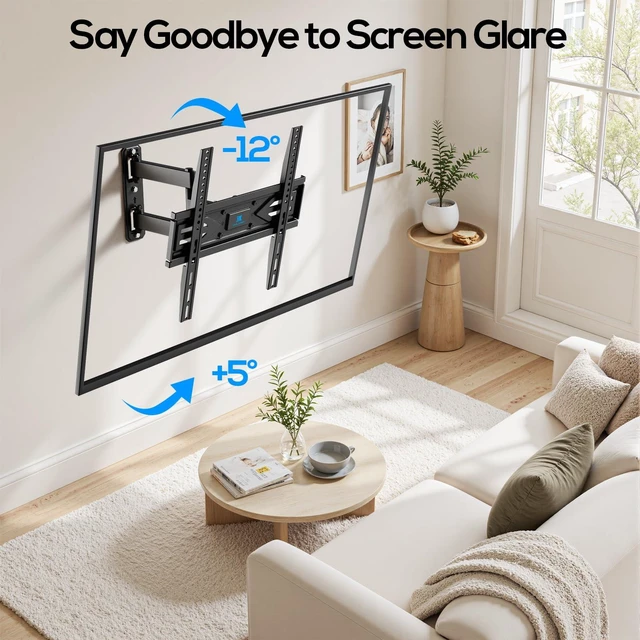 Alt view image 3 of 7 - Corner TV Wall Mount Full Motion for 40 43 50 55 60 65 inch TVs Fit 30-65" Universal TV, Hold 80lbs, Swivel 180°, Tilt +5/-12°, Level +/-3°, VESA 400x400mm, 14" Arm Extension, Single Stud