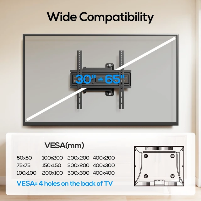 Alt view image 7 of 7 - Corner TV Wall Mount Full Motion for 40 43 50 55 60 65 inch TVs Fit 30-65" Universal TV, Hold 80lbs, Swivel 180°, Tilt +5/-12°, Level +/-3°, VESA 400x400mm, 14" Arm Extension, Single Stud