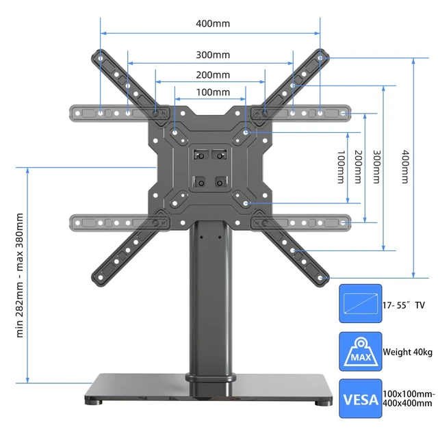 Alt view image 2 of 7 - Universal TV Stand Base, Table Top TV Stand for 17-55 Inch LCD/LED TVs, Height Adjustable Monitor Mount Stand with Tempered Glass Base Holds up to 88lbs VESA 400x400mm, TS102