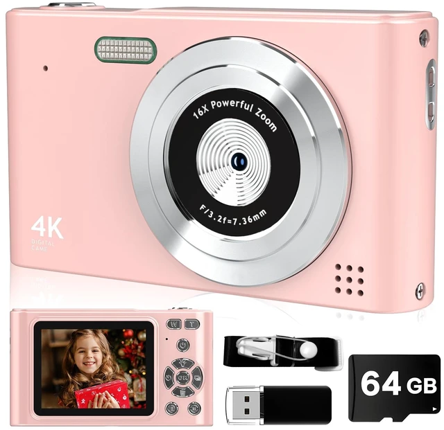 Main image of Digital Camera, 44MP Full HD 1080P Point and Shoot Camera with 64GB Card, Anti Shake 16X Zoom Compact Volg Cameras, Portable Small Digicam Gift for Kids, Ages Teen Girl Boy - Pink