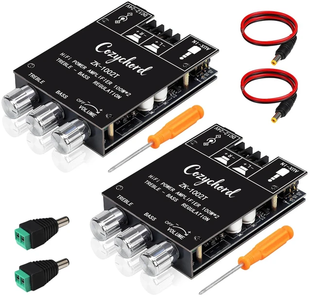 Main image of ZK-1002T Bluetooth 5.0 Amplifier Board, 2.0 Channel 100W x 2 2-Pack HiFi Sound, Dual TPA3116D2 Chips, Bass & Treble Control, AUX Input, 12V-24V DC, Low-Noise High-Efficiency Output