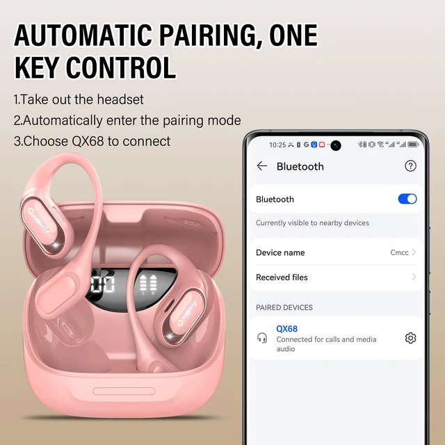 Alt view image 7 of 7 - Open Ear Headphones, Bluetooth 5.4 Wireless Earbuds, Pink HiFi Stereo Open Ear Buds with HD Mic, 50H Display LED Power Display, IPX7 Lightweight Comfort Earphones for Sports Working