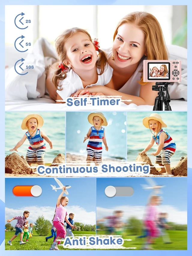 Alt view image 5 of 6 - Digital Camera, 44MP Full HD 1080P Point and Shoot Camera with 64GB Card, Anti Shake 16X Zoom Compact Volg Cameras, Portable Small Digicam Gift for Kids, Ages Teen Girl Boy - Pink