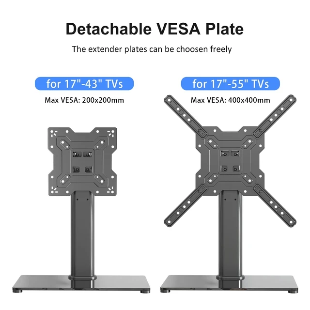 Alt view image 5 of 7 - Universal TV Stand Base, Table Top TV Stand for 17-55 Inch LCD/LED TVs, Height Adjustable Monitor Mount Stand with Tempered Glass Base Holds up to 88lbs VESA 400x400mm, TS102